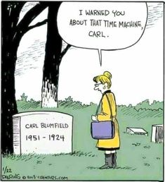 a cartoon depicting a woman standing in front of a gravestone with a thought bubble above her head