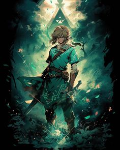 the legend of zelda is standing in front of a dark background