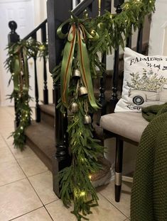 christmas garland hanging on the banister