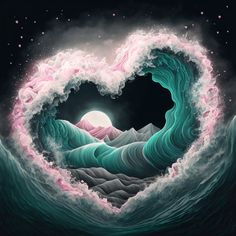 a heart shaped painting with waves and mountains in the background