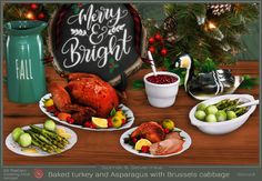 a turkey and asparagus with brussel cabbages, cranberry sauce on the side