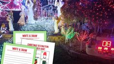 christmas lights and decorations on display in front of a house with santa's helpers