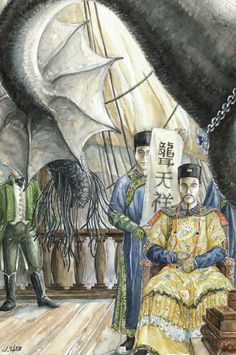 a painting of two men sitting in front of a giant dragon and another man standing next to them