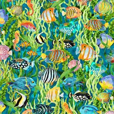 an underwater scene with many colorful fish and algaes on blue watercolor paper fabric