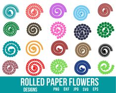 different colored paper flowers with swirls and spirals in the middle, on a white background