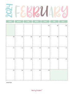 a printable calendar for the month of february with watercolor lettering and pastel colors