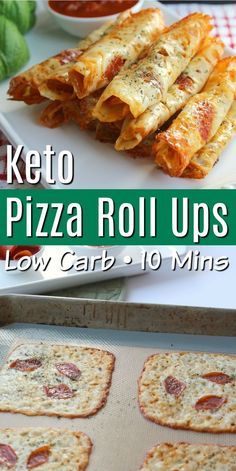 pizza roll ups sitting on top of a pan covered in cheese