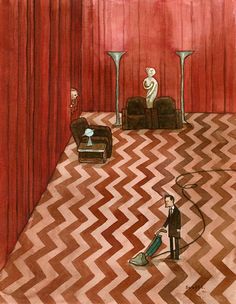 a painting of a room with red walls and an area rug that looks like a zigzag pattern