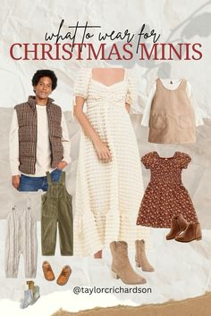 two people standing next to each other in front of a white background with the words what to wear for christmas minis