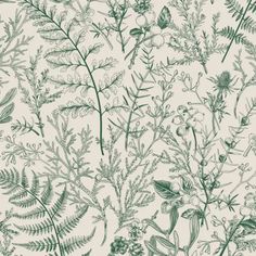 a green and white wallpaper with various plants