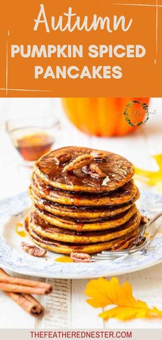 a stack of pumpkin pancakes on a plate with the words, bisquick pumpkin pancakes