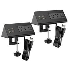 two surge protectors with multiple outlets and plugs attached to each other on white background