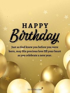 a happy birthday card with gold balloons and stars on the bottom, in front of a golden background