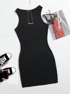 Casual Simple Round Neck Sleeveless Midi Bodycon Summer Dress For Women Black Casual  Sleeveless Knitted Fabric Plain Tank Slight Stretch  Women Clothing, size features are:Bust: ,Length: ,Sleeve Length: Moda Shein, Cute Dress Outfits, Mini Robes, Black Bodycon Dress, Bodycon Midi, Midi Dress Sleeveless, Mini Dresses, Black Casual, Summer Dresses For Women