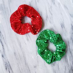 "Sparkly red green sequin scrunchies, great for Christmas. Inside piece is made of 1/4\" elastic. Perfect for any occasion. Elastic is about 7-8 inches in length inside, so it can stretch several times around the hair. Fits around the wrist as well. Perfect stocking stuffer or holiday gift!" Christmas Scrunchies, Small Gift Bags, Christmas Accessories, Perfect Stocking Stuffers, Green Sequins, Wood Wall Decor, Festive Holiday, Stocking Stuffer, Red Christmas