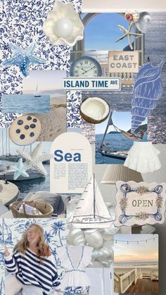 a collage of photos with the words sea and various things in it, including an ocean theme