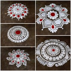 four different pictures of white and red designs on the ground, with one being painted