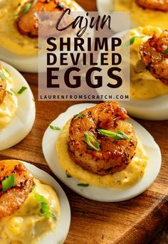 shrimp deviled eggs are served on small white plates