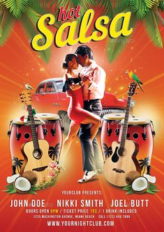 a flyer for a salsa party with two people hugging and playing guitars in front of an orange background