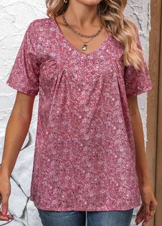 Bohemian V-neck Top With Ditsy Floral Print, Pink Ditsy Floral Print Short Sleeve Top, Casual V-neck Top With Ditsy Floral Print, V Neck Blouse, Ditsy Floral, Pink Print, Floral Prints, V Neck, Floral