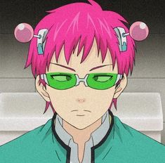 an anime character with pink hair and green glasses looking at something in front of him