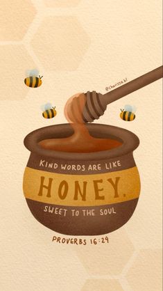 a honey jar with bees flying around it and the words honey written in front of it