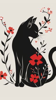 a black cat sitting on top of a flowery plant with red flowers around it