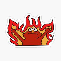 an angry bird sticker with flames on it's back and arms in the air