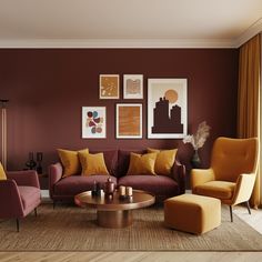 a living room filled with furniture and pictures on the wall