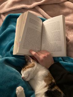 a person is reading a book with a cat