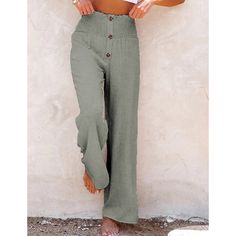 Greyish Green Elastic Waist Wide Leg Casual Pants High Waist Baggy Pants For Vacation, Baggy High Waist Pants For Vacation, High-waisted Pants For Fall Vacation, Fall Vacation High-waisted Pants, High Waist Bohemian Pants, Wide Leg Casual Pants, Greyish Green, Casual Wide Leg Pants, Bottoms Pants