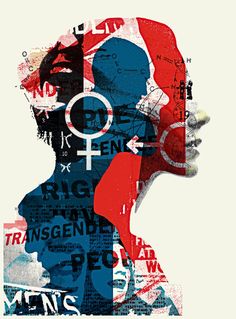 a woman's profile is depicted in an abstract collage with words and symbols