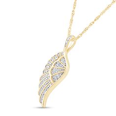 The Diamond Angel Wing Necklace is a delicate blend of grace and sparkle, with shimmering diamonds that add a heavenly touch to the ethereal wing design. It's a beautiful symbol of protection and love, perfect for those who want to carry a little bit of celestial charm wherever they go.Details: Stone: Diamond Total Carat Weight: 0.12 ct Diamond Color: G/H Diamond Clarity: SI1-SI2 10k Solid Yellow Gold Elegant Wing-shaped White Gold Necklace, Elegant White Gold Wing-shaped Necklace, Elegant Angel Wings Necklaces, Elegant Angel Wings Jewelry, Elegant Jewelry Pendant With Angel Wings, Angel Wings Jewelry For Anniversary, Elegant Angel Wings Pendant Jewelry, Angel Wings Pendant Jewelry For Anniversary, Gold Band Engagement Rings