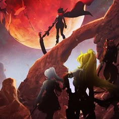 an image of some people standing in front of a giant red planet with two men on it