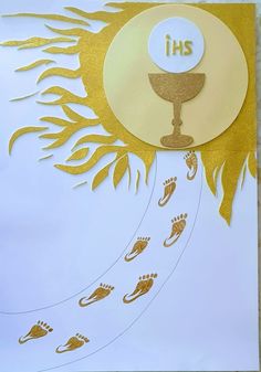 a card with footprints and a chalice on it