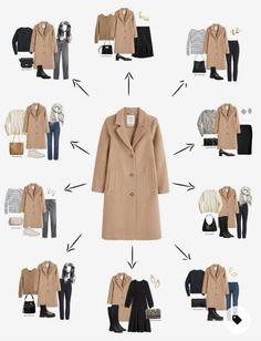 the camel wool coat has many different types of clothing