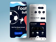 two mobile phone screens showing foot ball, soccer and football field designs on them with the text'foot ball'in bold font