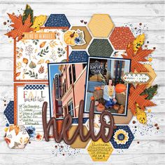 a scrapbook page with the word fall written on it and pictures of autumn leaves