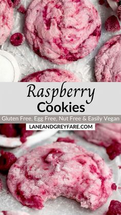 raspberry cookies on top of parchment paper with text overlay that reads, gluten free, egg free, nut - free and easily vegan