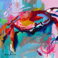 a painting of a crab on a blue and pink background