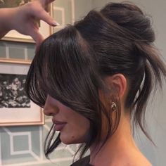 Hair Colors With Bangs Ideas, Messy Bun Face Framing, Curtain Bangs Upstyle, Bangs For Updos, Messy Curtain Bangs Long Hair, Hair Pulled Back With Bangs, Curtain Bangs Half Up, Updos With Curtain Bangs Formal, Dark Hairstyles Medium