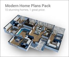 the modern home plans pack includes two bedroom, one bathroom and an open floor plan