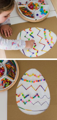 two pictures of children making crafts with paper plates and beads on the table next to each other