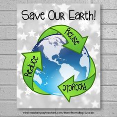 save our earth sign with arrows pointing to the right and left directions on it against a white brick wall