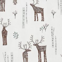 an animal themed wallpaper with deers and trees on white background, in various shades of brown