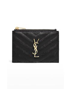 Saint Laurent bill pouch wallet in grain de poudre tech leather. Metal monogram at center front. Zip top. Exterior, five card slots at back. Approx. 3.3"H x 4.1"W x 3.3"D. Made in Italy. Card Case Wallet, Zip Top, Card Case, Card Slots, Neiman Marcus, Slots, 3 D, Saint Laurent, Grain