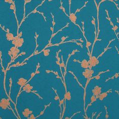 a blue and gold wallpaper with small flowers on the left hand side, against a teal background