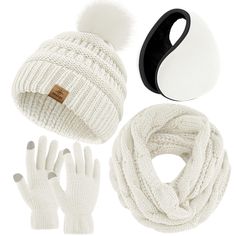 PRICES MAY VARY. Package includes: you will get 1 knitted scarf, 1 knitted beanie pompom hat, 1 pair of touch-screen gloves, and 1 earmuff, various colors are available for you, you can choose your desired color to buy Thoughtful design: the thumb and index finger tips of gloves have the touch screen design, easy for you to use the touch screen device without removing the gloves, convenient and practical Premium material: our beanie hat, scarf and gloves are made of high-quality acrylic fabric, Touch Screen Design, Soft Gloves, White Beanies, Pink Beanies, Winter Knit Hats, Cozy Scarf, Hat Scarf, Touch Screen Gloves, Ear Warmer