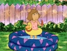 a cartoon girl holding a duck in an inflatable pool