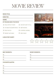 the movie review form is shown with three stars in front of it and an image of a